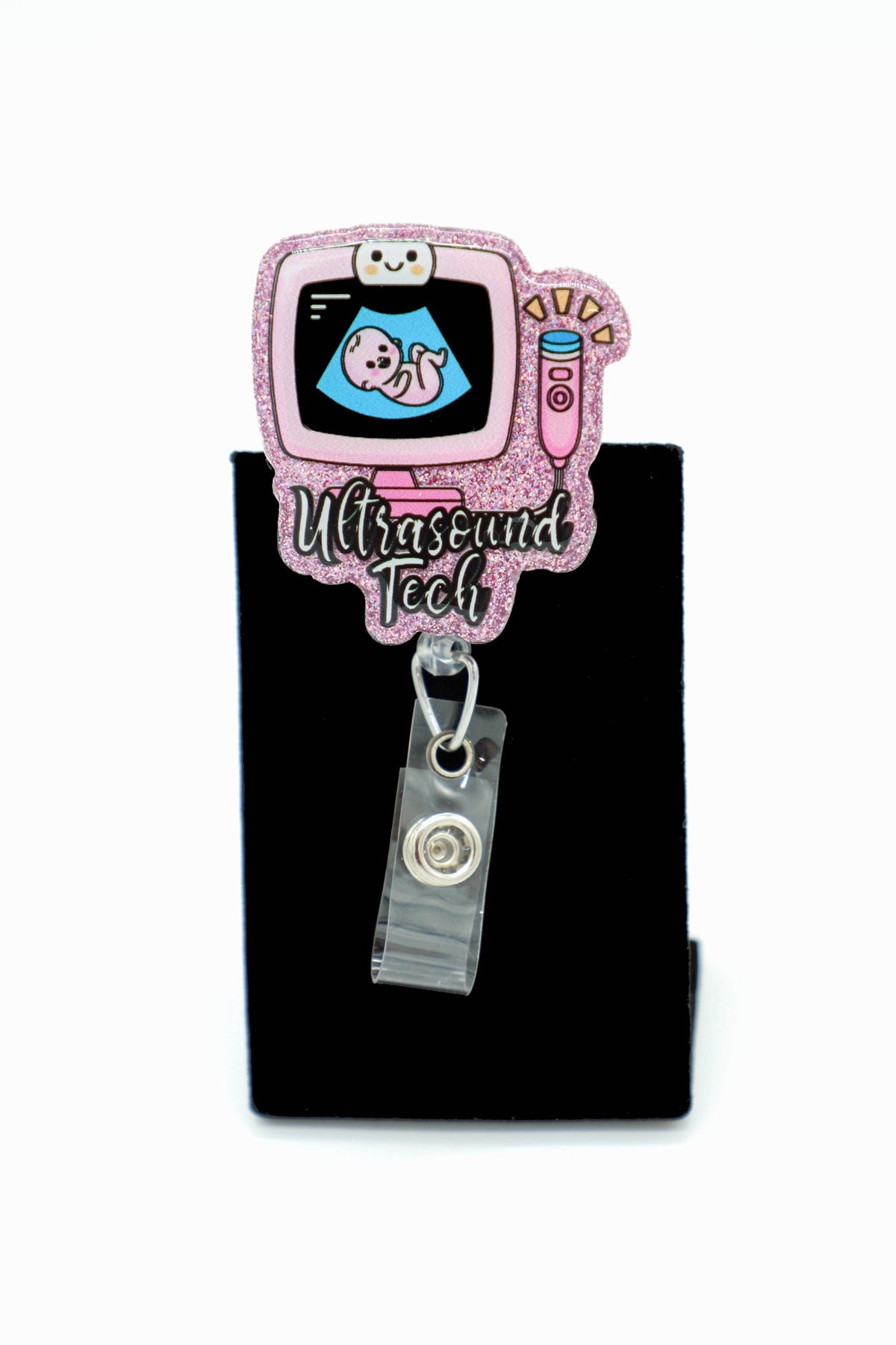 Sonography Professional ID Badge Clip, Pink Sparkle Accessory, Medical Worker Keepsake