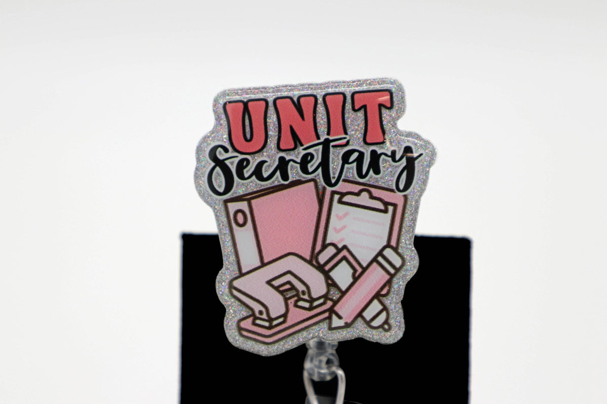 Unit Secretary Badge Reel with Pink Design, Hospital ID Holder, Glitter Office Accessory