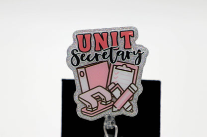 Unit Secretary Badge Reel with Pink Design, Hospital ID Holder, Glitter Office Accessory
