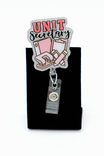 Unit Secretary Badge Reel with Pink Design, Hospital ID Holder, Glitter Office Accessory
