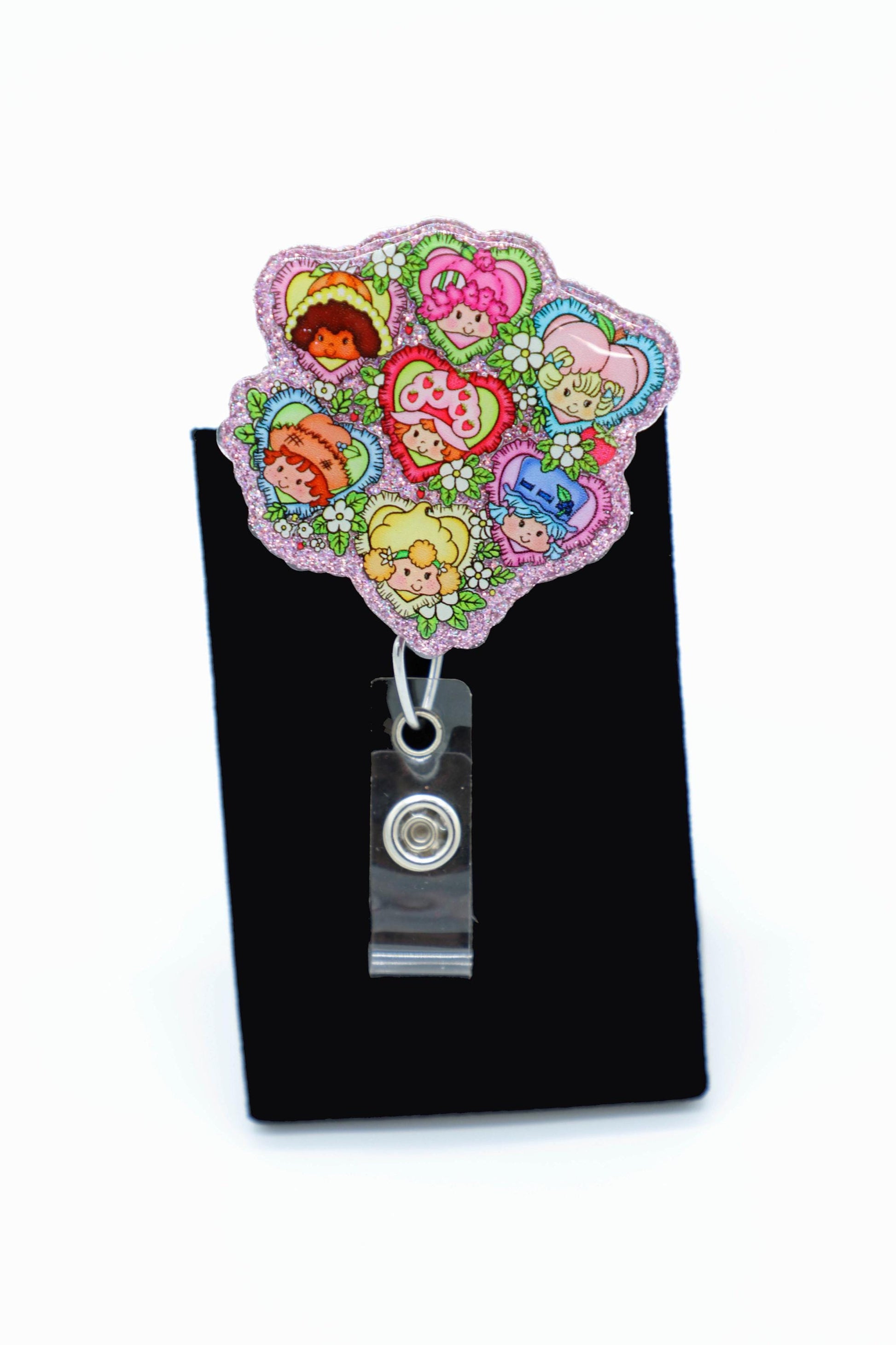 Eighties Inspired Nurse Badge Reel, Pink Sparkle ID Clip, Vintage Style Accessory