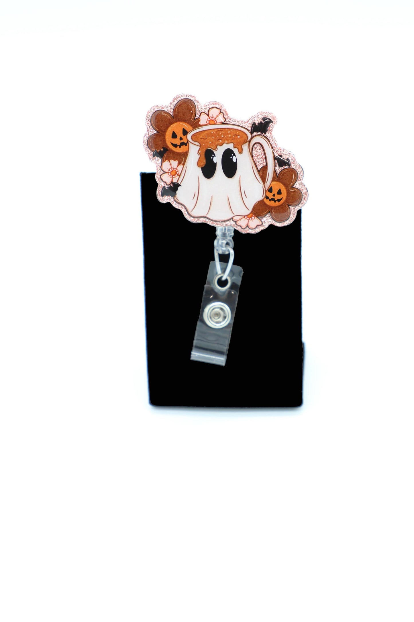 Halloween Nurse Badge Holder, Coffee Ghost Design, Retractable Work ID Clip