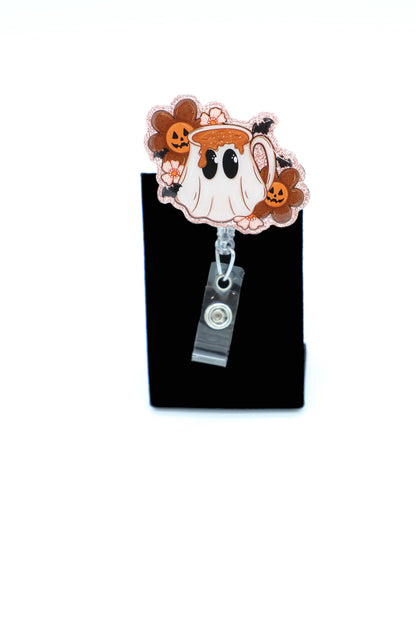 Halloween Nurse Badge Holder, Coffee Ghost Design, Retractable Work ID Clip
