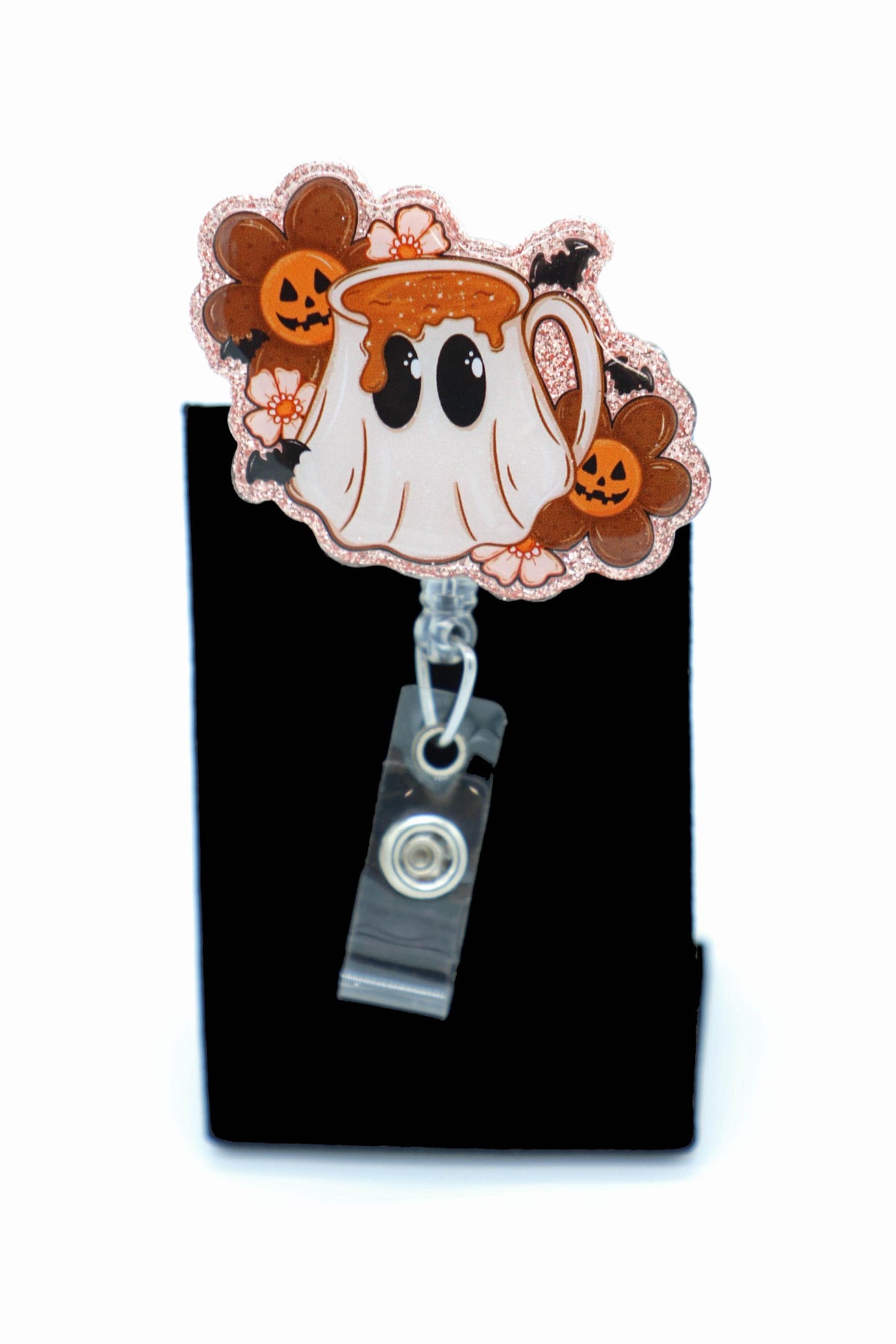Halloween Nurse Badge Holder, Coffee Ghost Design, Retractable Work ID Clip