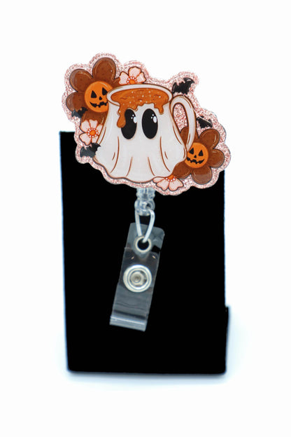 Halloween Nurse Badge Holder, Coffee Ghost Design, Retractable Work ID Clip
