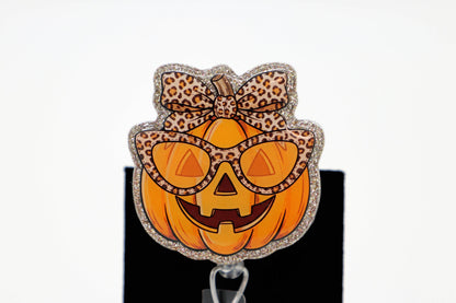 Cute Pumpkin Badge Reel with Glasses, Leopard Print, Retractable ID Holder, Nurse Halloween Accessory
