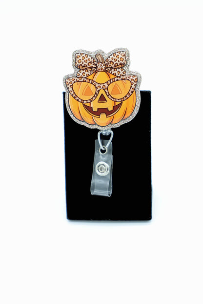 Cute Pumpkin Badge Reel with Glasses, Leopard Print, Retractable ID Holder, Nurse Halloween Accessory
