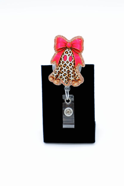 Leopard Ghost Halloween Badge Reel, Pink Bow, Retractable ID Holder, Nurse Accessory