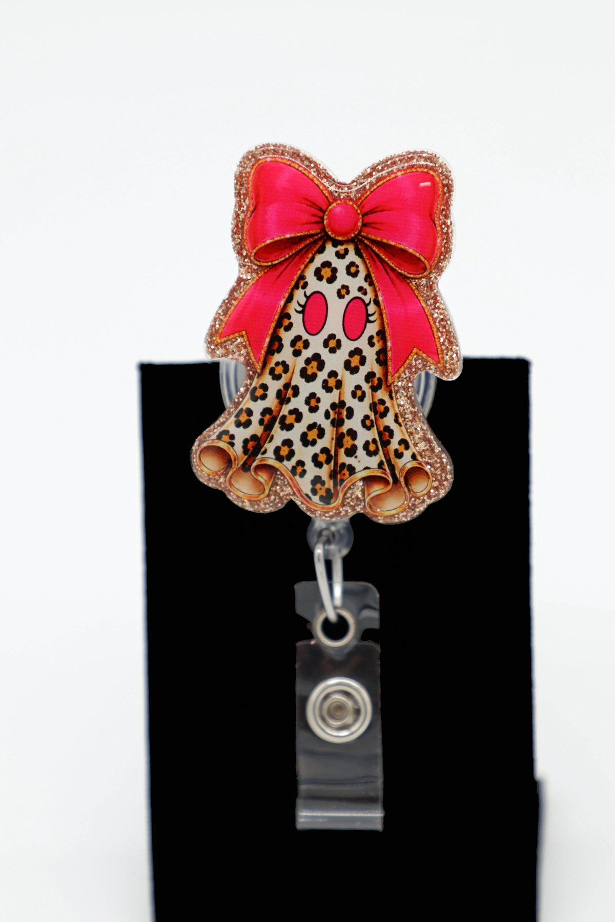 Leopard Ghost Halloween Badge Reel, Pink Bow, Retractable ID Holder, Nurse Accessory