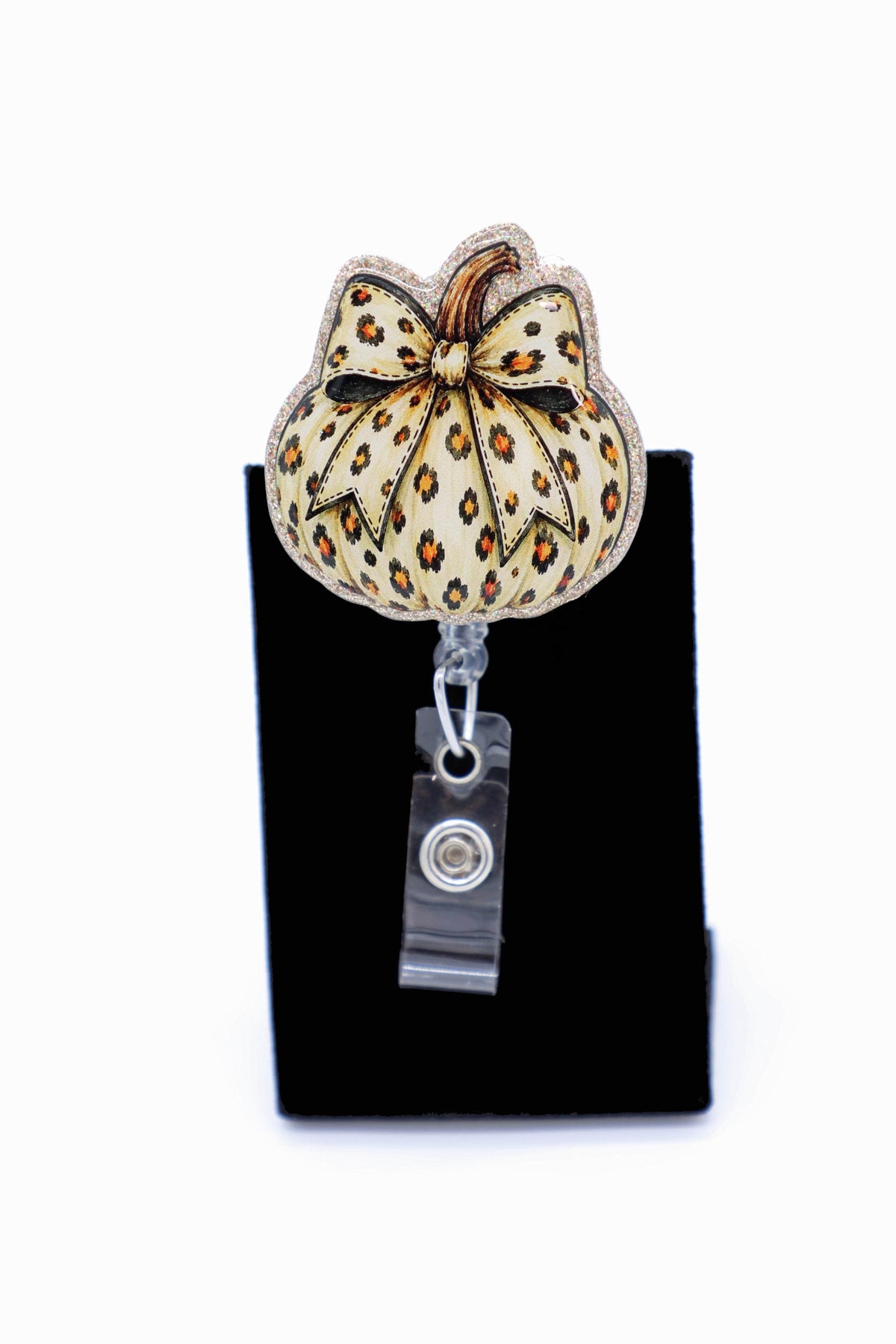 Leopard Pumpkin Nurse Badge Reel, Retractable ID Holder, Halloween Work Accessory