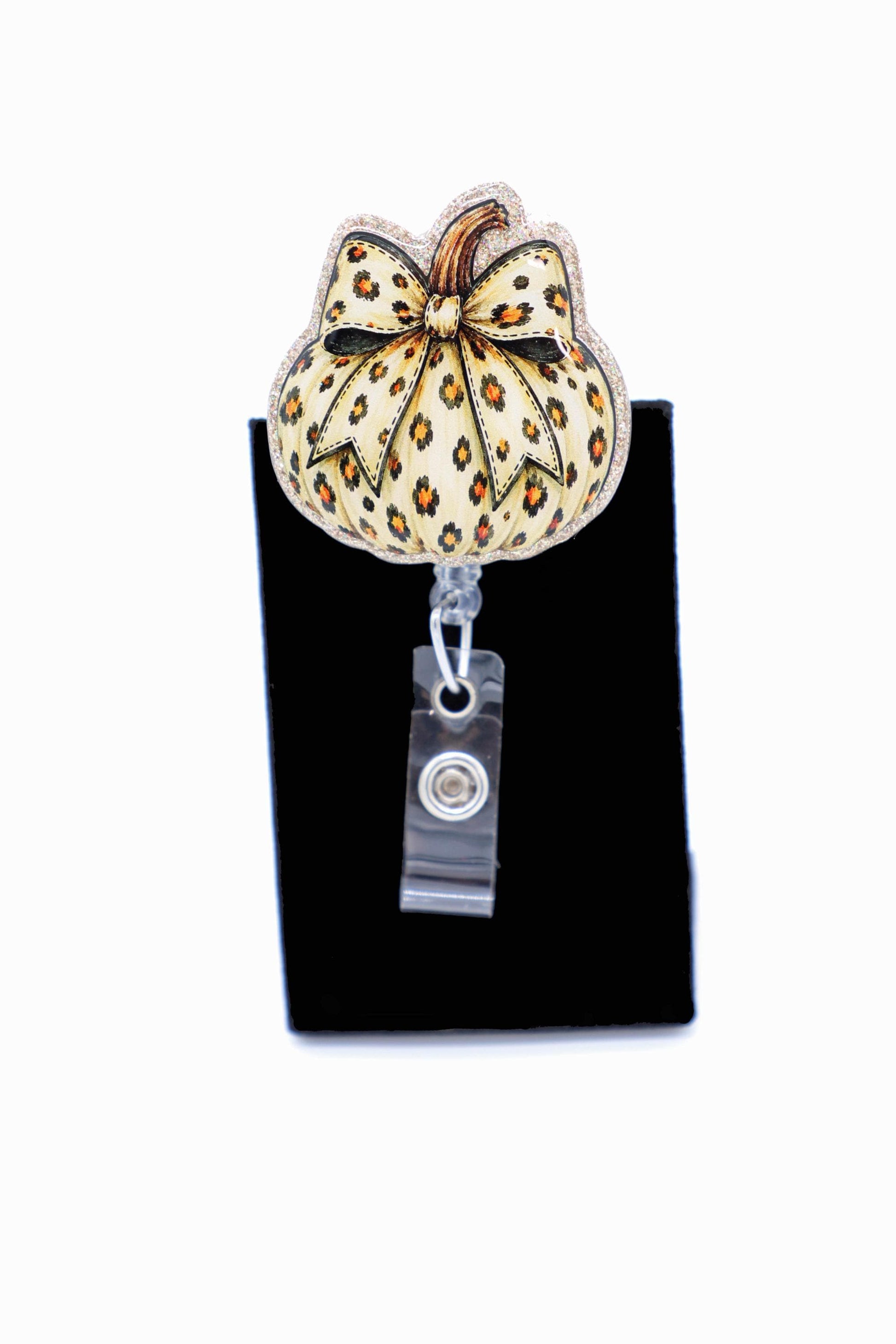 Leopard Pumpkin Nurse Badge Reel, Retractable ID Holder, Halloween Work Accessory