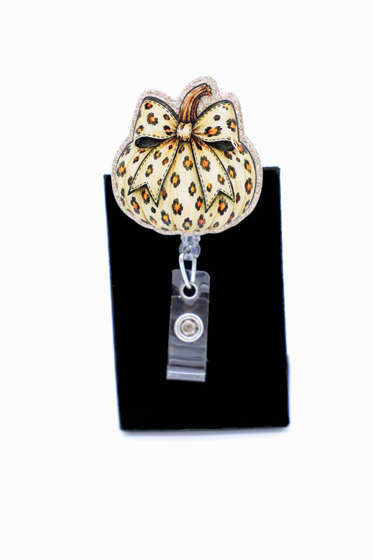 Leopard Pumpkin Nurse Badge Reel, Retractable ID Holder, Halloween Work Accessory