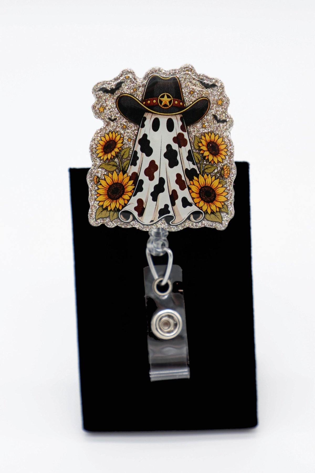 Sunflower Ghost Cowboy Badge Reel, Retractable ID Holder, Cute Halloween Nurse Accessory