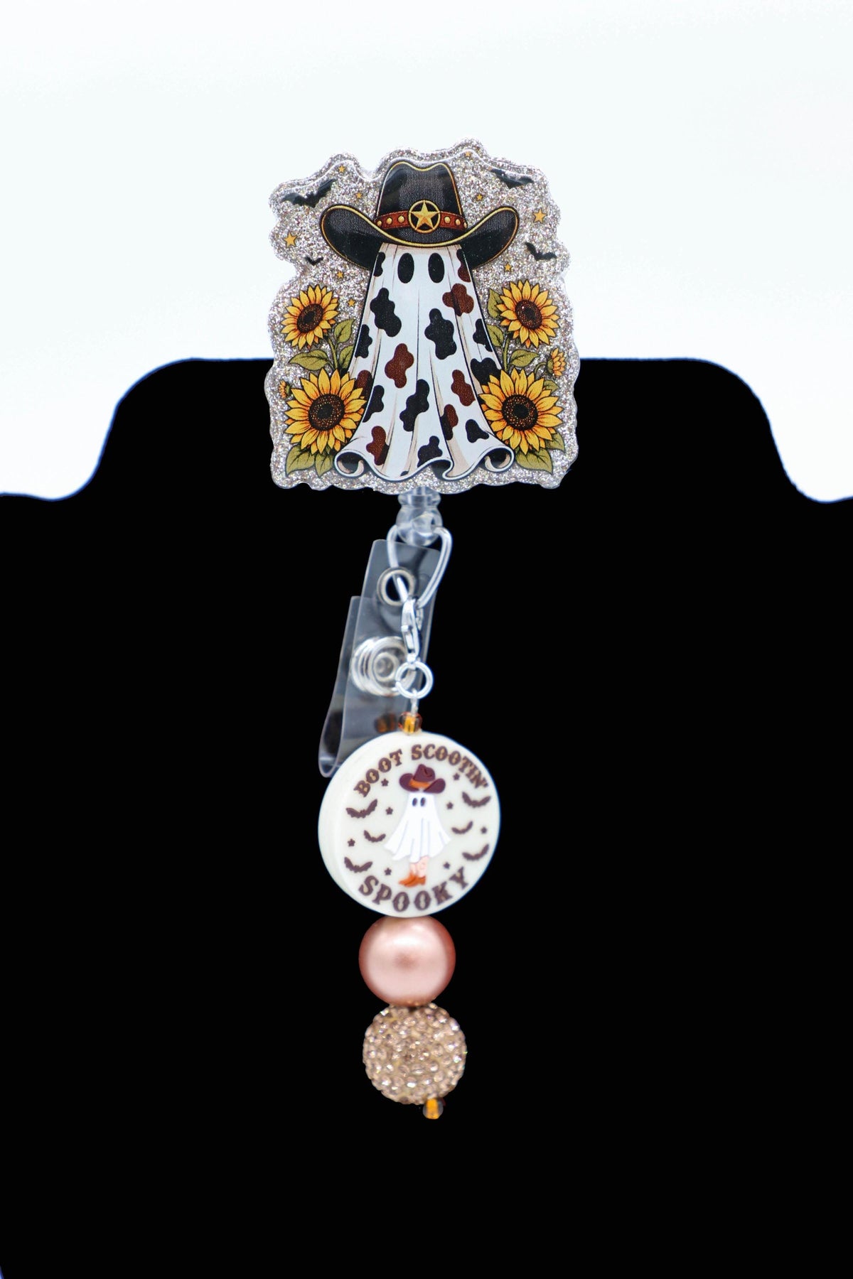 Sunflower Ghost Cowboy Badge Reel, Retractable ID Holder, Cute Halloween Nurse Accessory