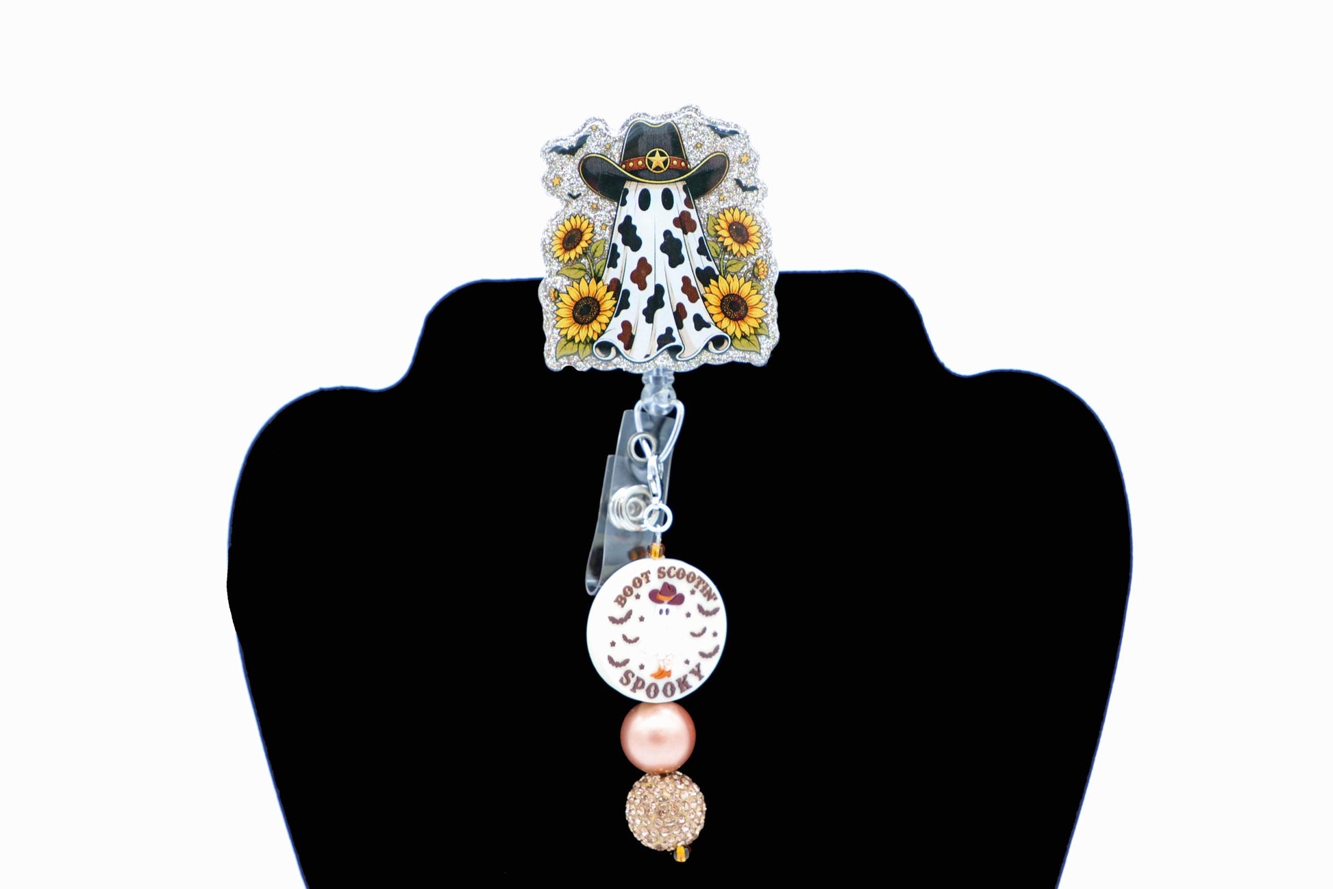 Sunflower Ghost Cowboy Badge Reel, Retractable ID Holder, Cute Halloween Nurse Accessory