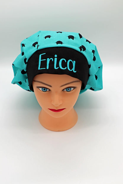 Personalized Cat Print Scrub Cap, Embroidered Name, Bouffant Style, Nurse Gift