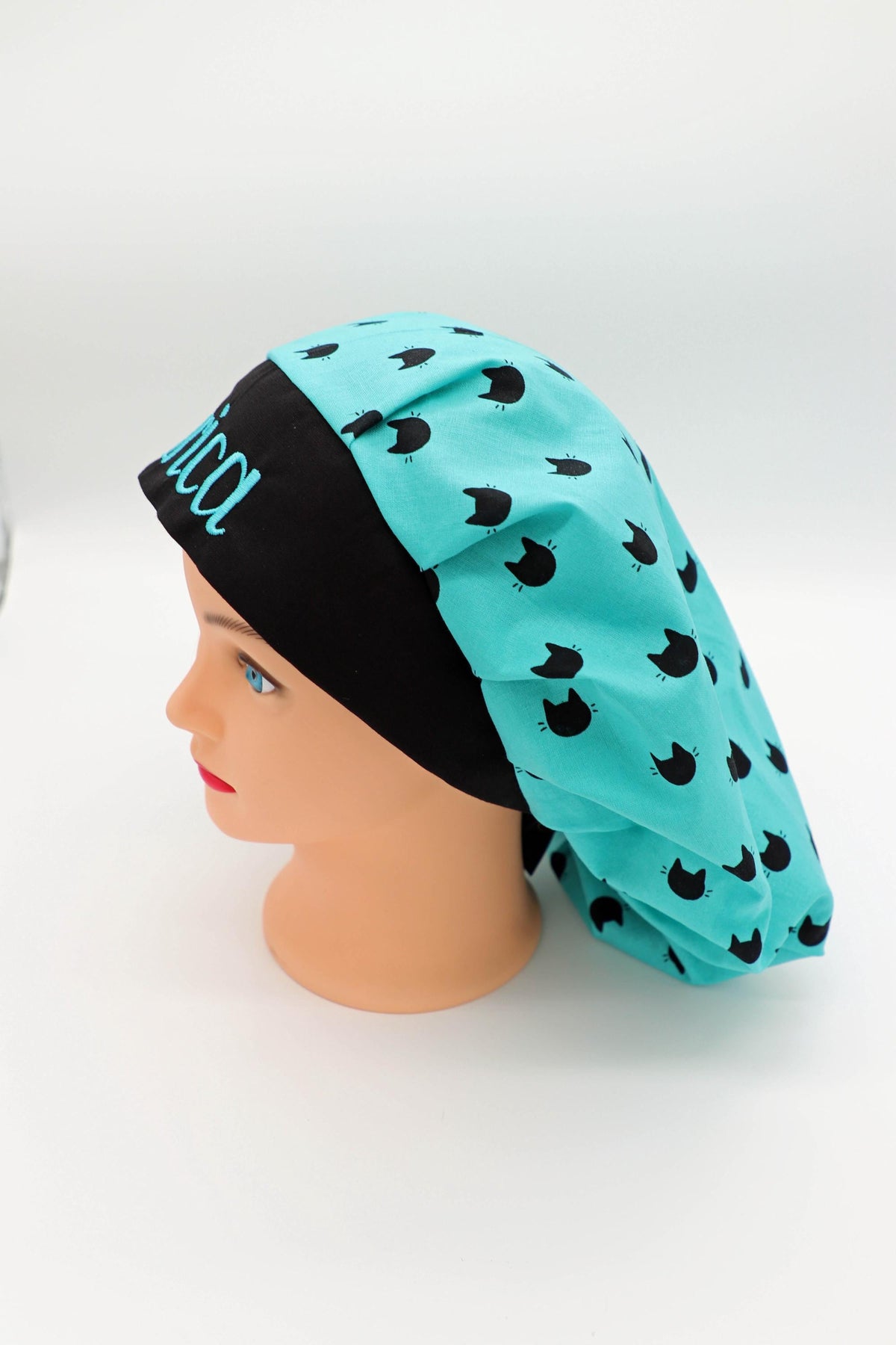 Personalized Cat Print Scrub Cap, Embroidered Name, Bouffant Style, Nurse Gift