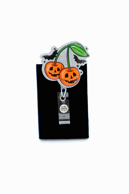 Spooky Jack O Lantern Retractable Clip, Pumpkin Cherries, Medical Staff ID Holder, Halloween Gift