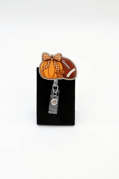 Fall Game Day ID Badge Holder, Pumpkin Reel, Nurse Workwear, Seasonal Lanyard Clip