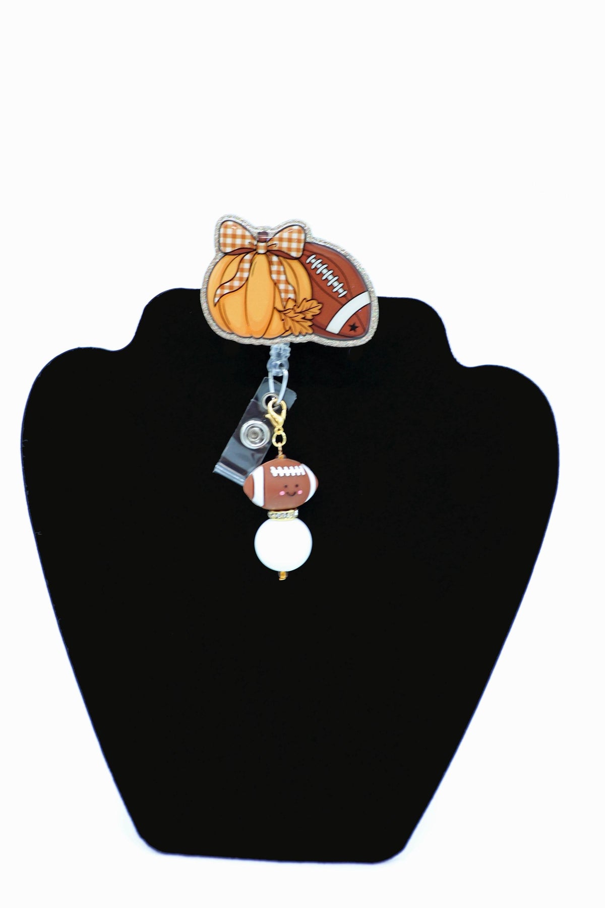 Fall Game Day ID Badge Holder, Pumpkin Reel, Nurse Workwear, Seasonal Lanyard Clip