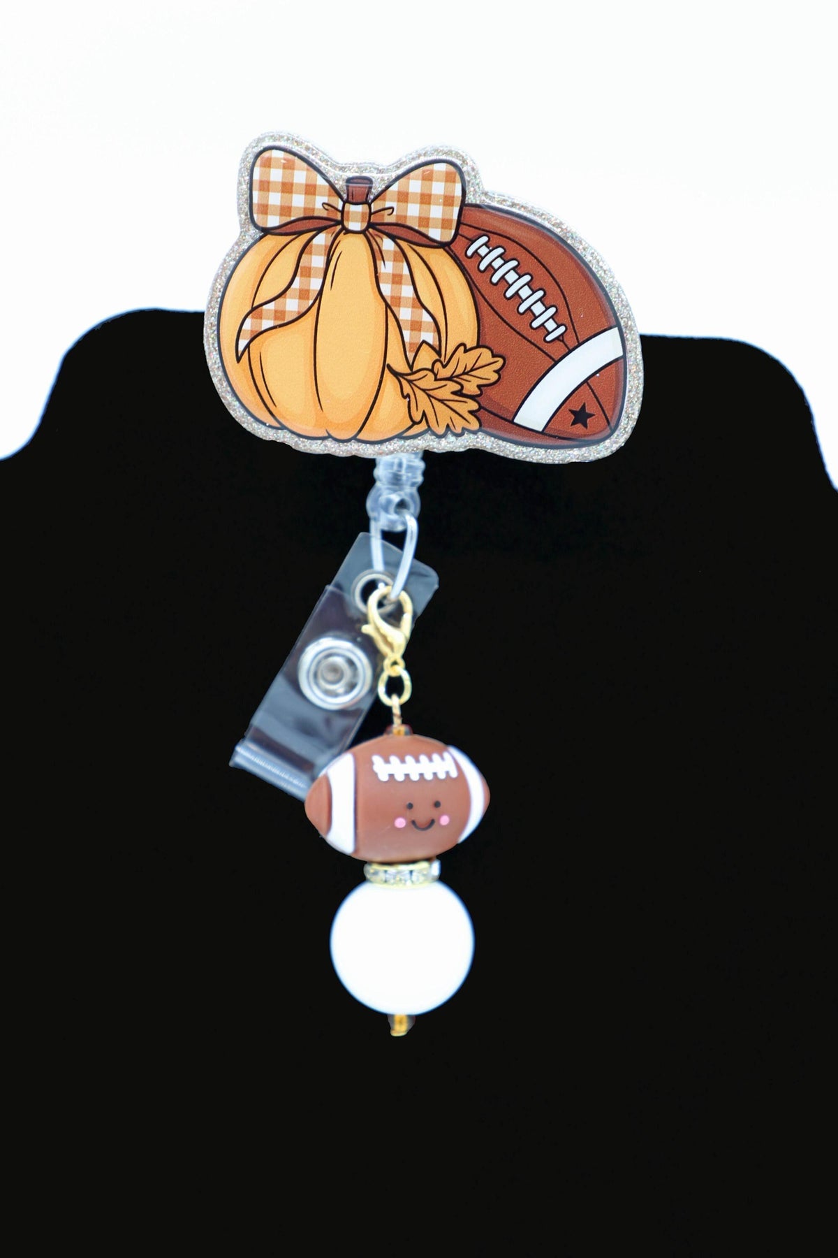 Fall Game Day ID Badge Holder, Pumpkin Reel, Nurse Workwear, Seasonal Lanyard Clip