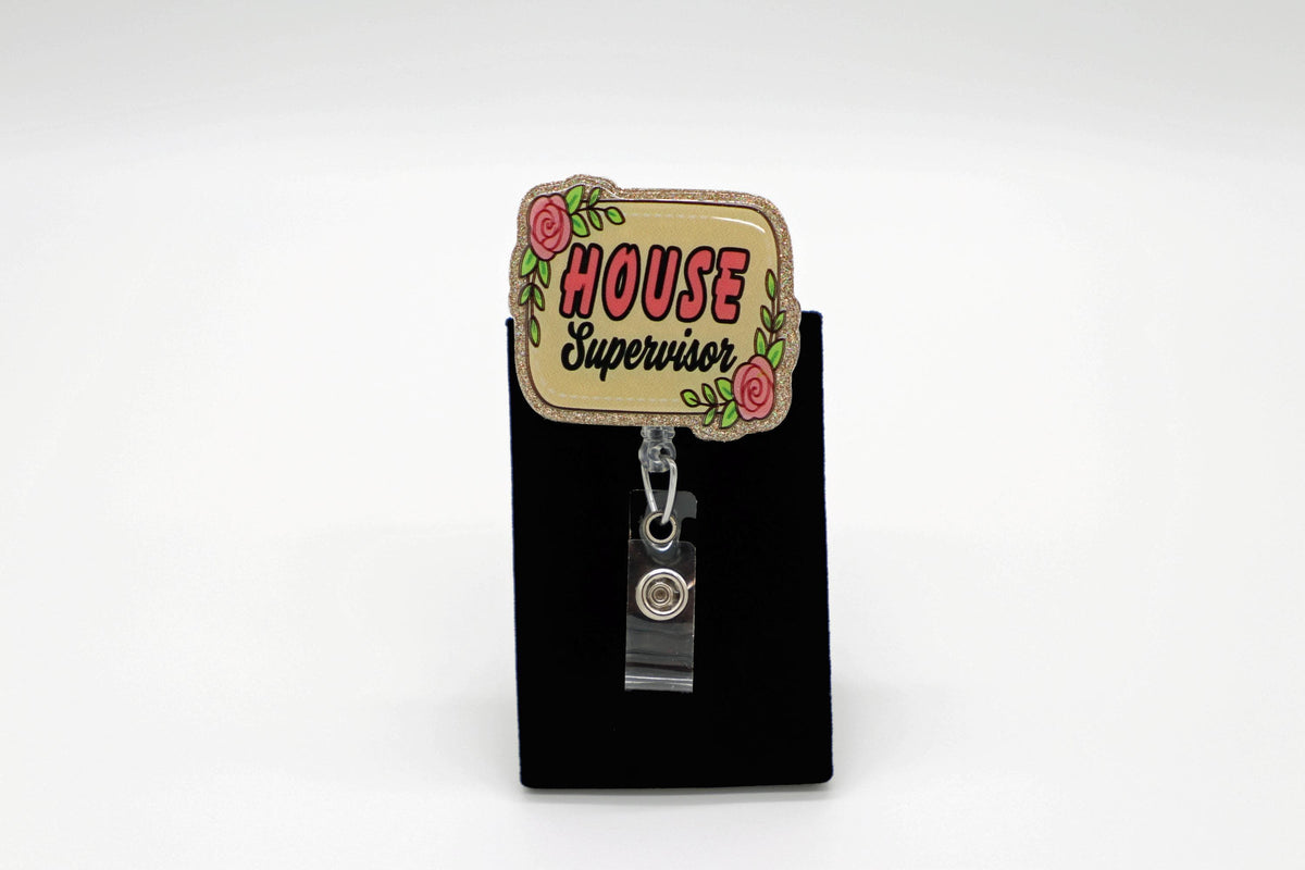 House Supervisor Floral Badge Reel, Retractable ID Holder, Nurse Work Accessory