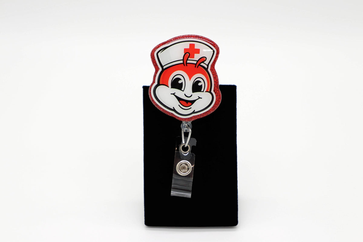 Jolly Bee Nurse Badge Reel, ID Holder, Red Glitter Accent, Medical Staff Accessory