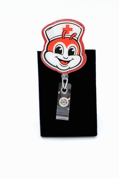 Jolly Bee Nurse Badge Reel, ID Holder, Red Glitter Accent, Medical Staff Accessory