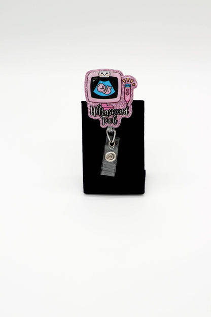 Sonography Professional ID Badge Clip, Pink Sparkle Accessory, Medical Worker Keepsake