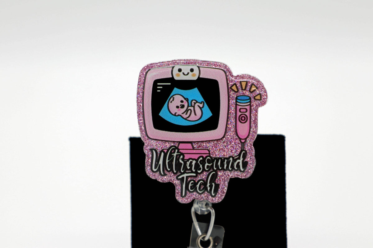 Sonography Professional ID Badge Clip, Pink Sparkle Accessory, Medical Worker Keepsake