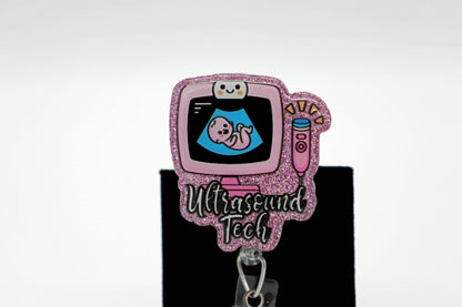 Sonography Professional ID Badge Clip, Pink Sparkle Accessory, Medical Worker Keepsake