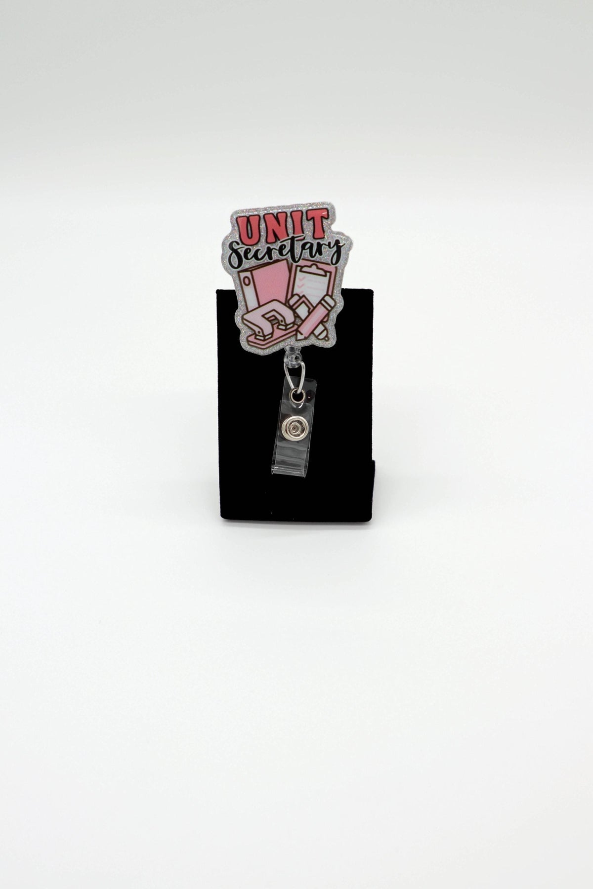 Unit Secretary Badge Reel with Pink Design, Hospital ID Holder, Glitter Office Accessory