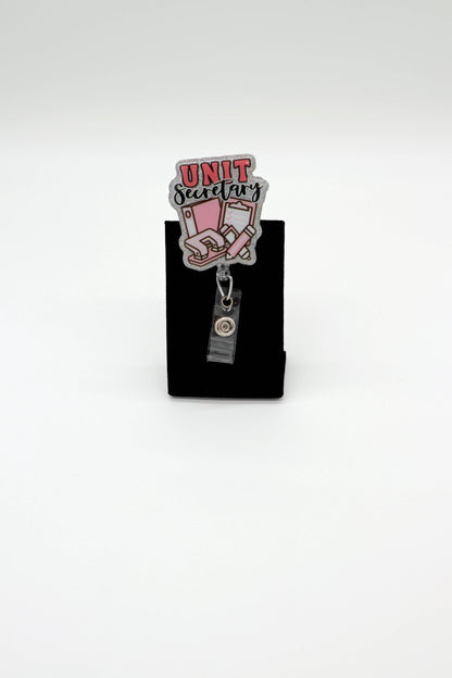 Unit Secretary Badge Reel with Pink Design, Hospital ID Holder, Glitter Office Accessory