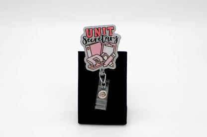 Unit Secretary Badge Reel with Pink Design, Hospital ID Holder, Glitter Office Accessory