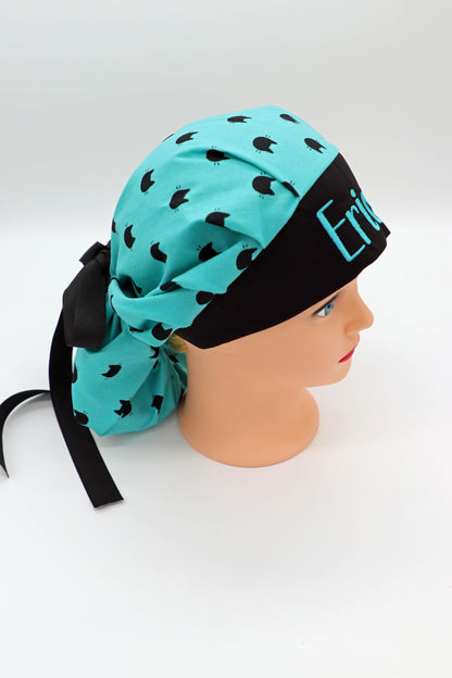 Personalized Cat Print Scrub Cap, Embroidered Name, Bouffant Style, Nurse Gift