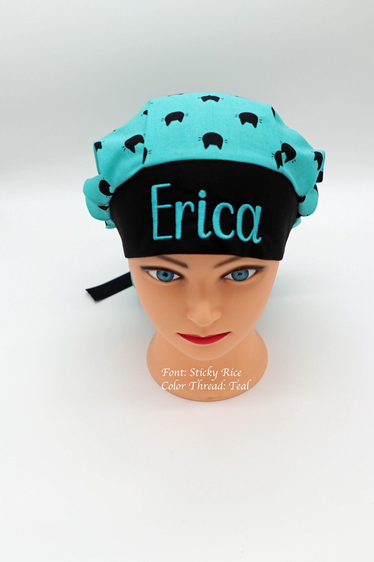 Personalized Cat Print Scrub Cap, Embroidered Name, Bouffant Style, Nurse Gift