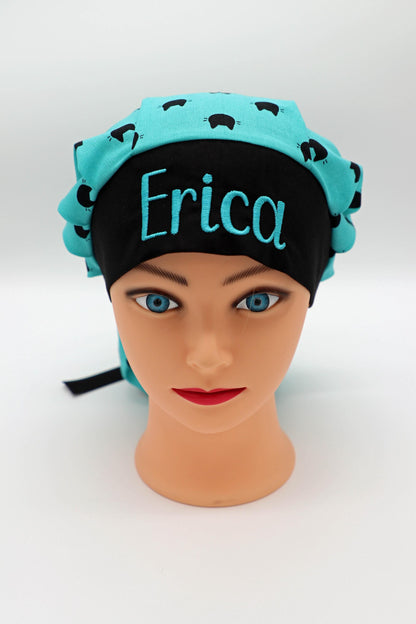 Personalized Cat Print Scrub Cap, Embroidered Name, Bouffant Style, Nurse Gift