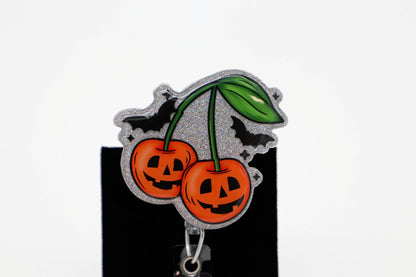Spooky Jack O Lantern Retractable Clip, Pumpkin Cherries, Medical Staff ID Holder, Halloween Gift