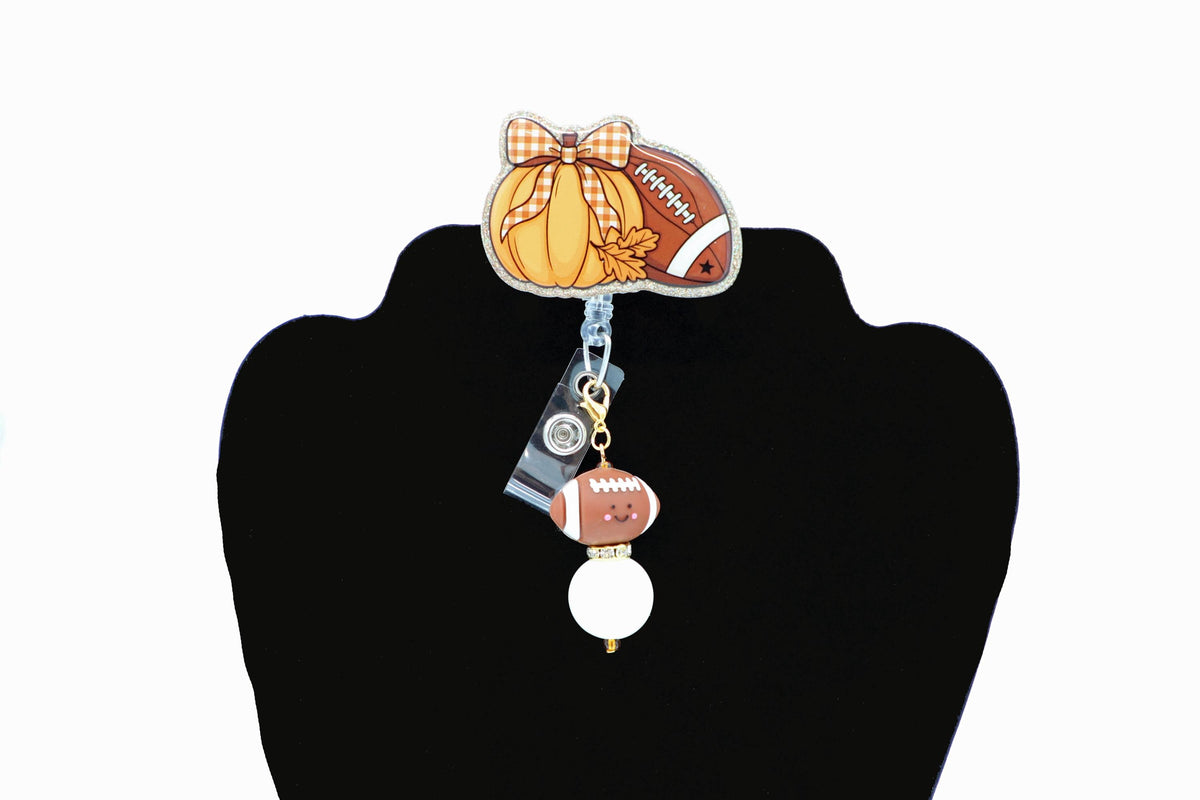 Fall Game Day ID Badge Holder, Pumpkin Reel, Nurse Workwear, Seasonal Lanyard Clip
