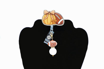 Fall Game Day ID Badge Holder, Pumpkin Reel, Nurse Workwear, Seasonal Lanyard Clip