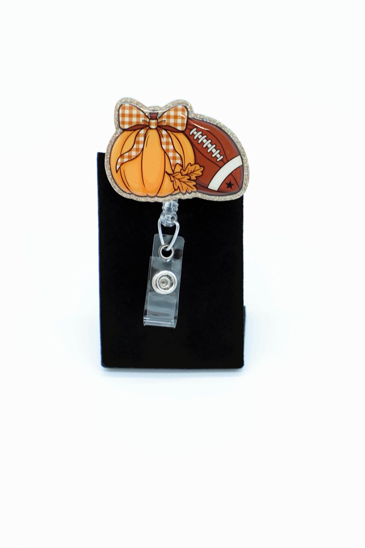 Fall Game Day ID Badge Holder, Pumpkin Reel, Nurse Workwear, Seasonal Lanyard Clip