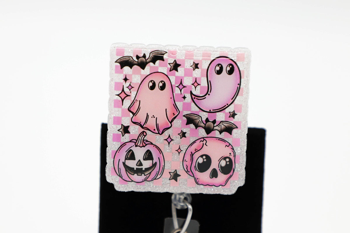 Pink Ghost Halloween Badge Reel, Cute Nurse ID Holder, Healthcare Worker Accessory