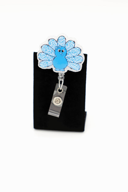Cute Thanksgiving Turkey Badge Reel, Blue Floral ID Holder, Healthcare Worker Accessory
