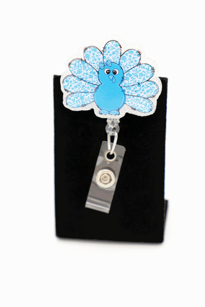 Cute Thanksgiving Turkey Badge Reel, Blue Floral ID Holder, Healthcare Worker Accessory