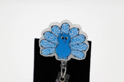 Cute Thanksgiving Turkey Badge Reel, Blue Floral ID Holder, Healthcare Worker Accessory