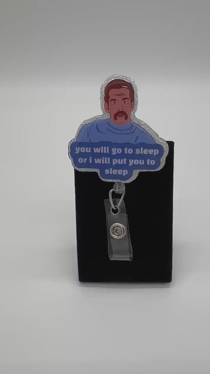 Humorous Bedtime ID Holder Clip, Sleep Quote, Sparkly Character, Shift Work Accessory