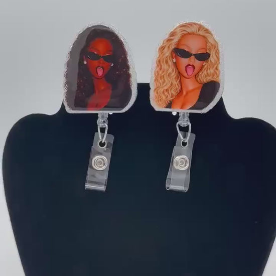 Cute Sunglasses Girl ID Clip for Work, Baddie Style, Retractable Badge Reel, Healthcare Gift
