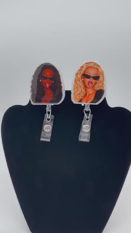 Cute Sunglasses Girl ID Clip for Work, Baddie Style, Retractable Badge Reel, Healthcare Gift