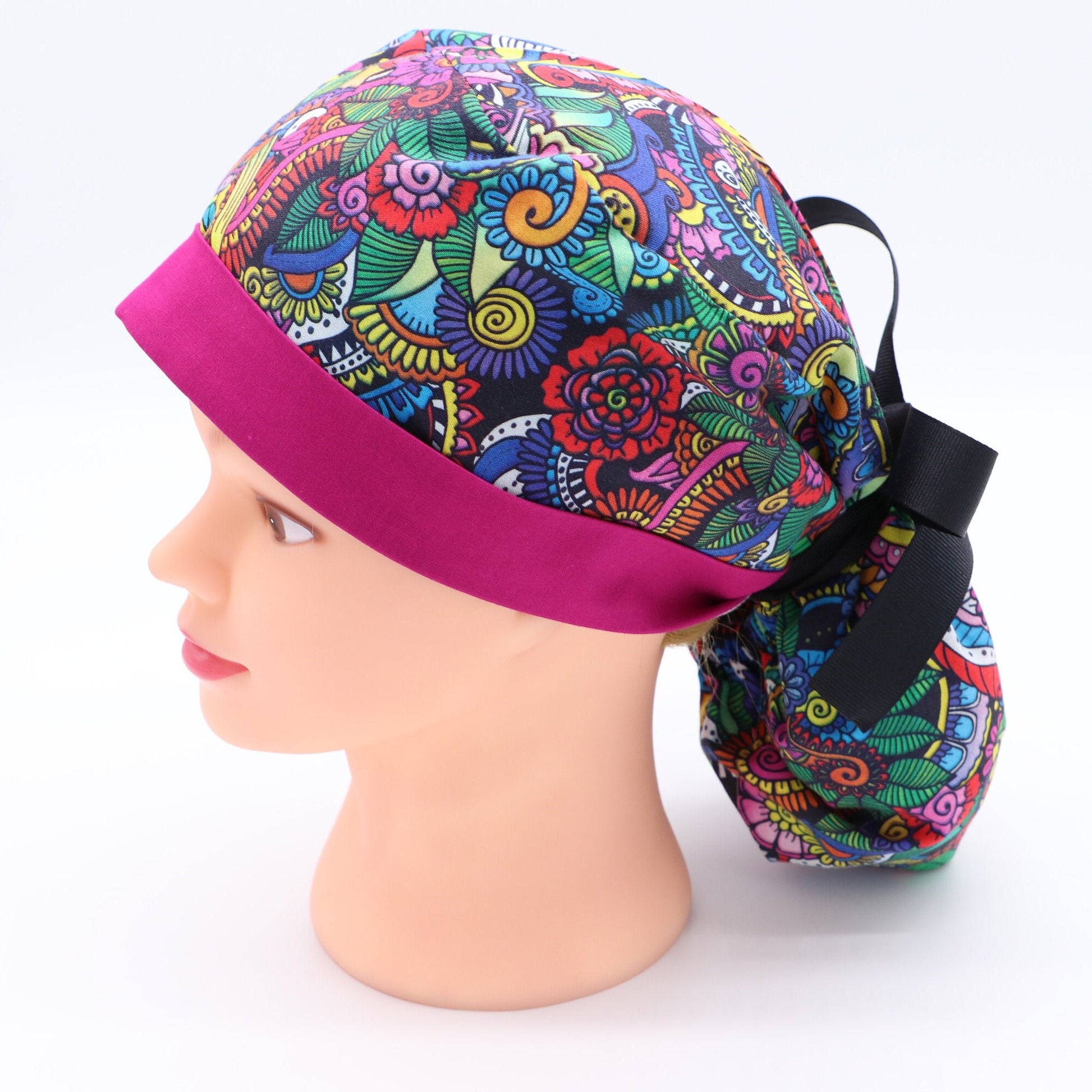 Colorful Paisley Nurse Scrub Ponytail Holder Cap