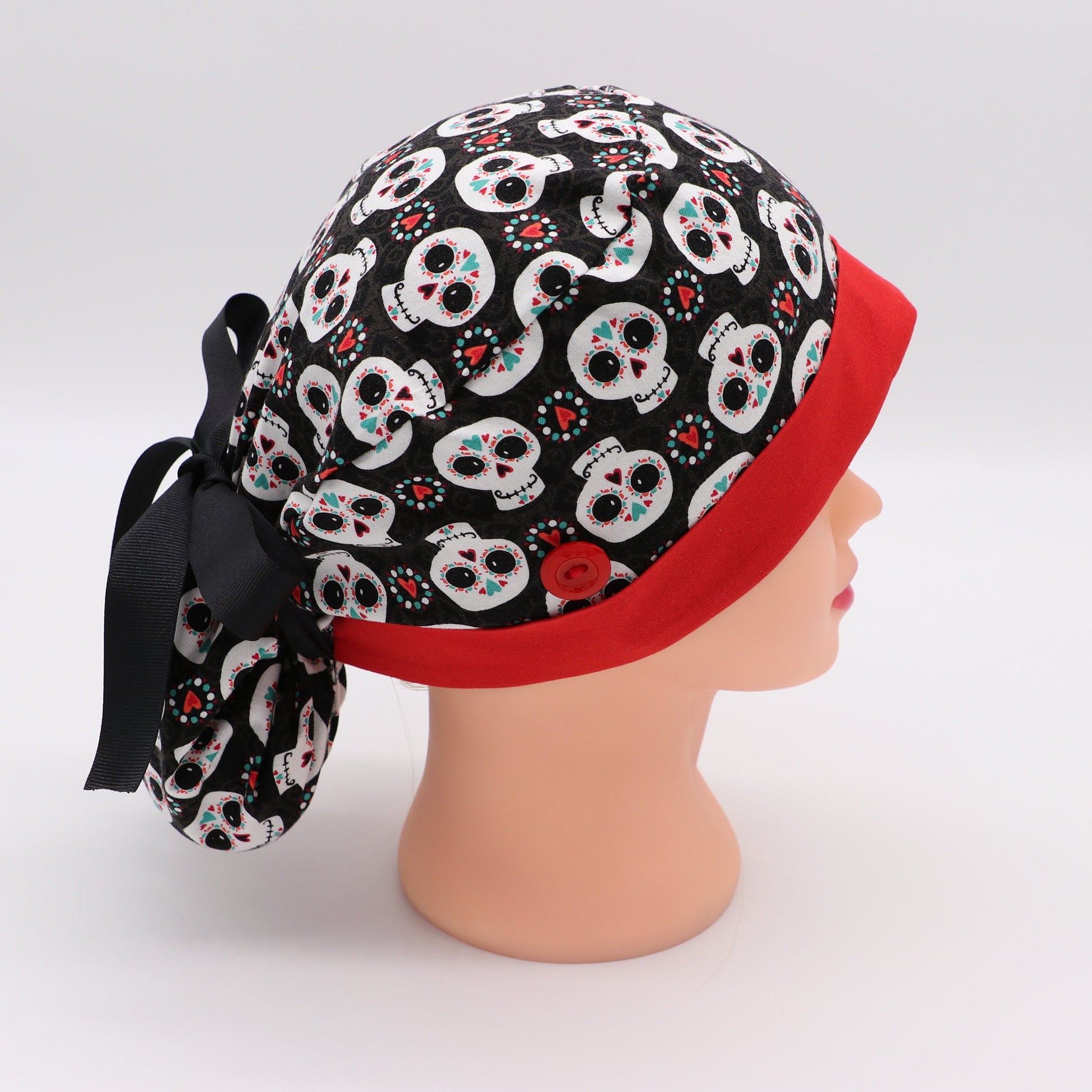 Sugar Skull Ponytail Holder Scrub Cap